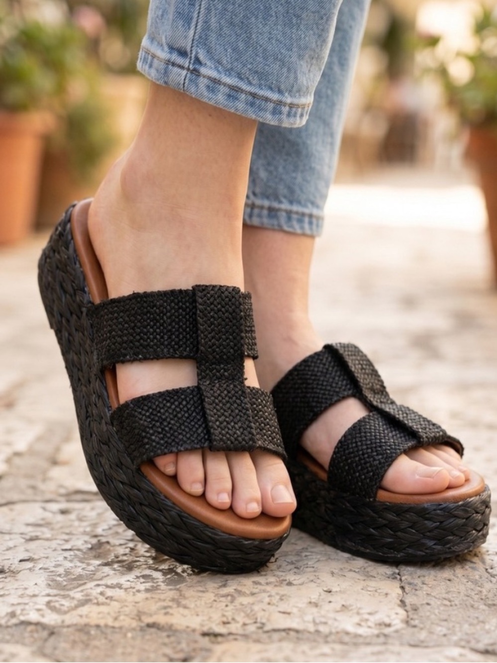 Zodiac Black Woven Platform Slide Sandals